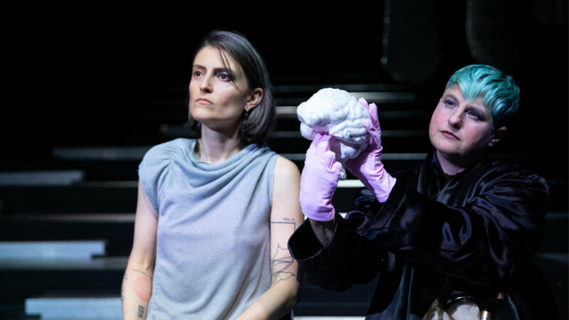Two performers on a dark stage with steps in the background. On the left, a person with short brown hair wearing a sleeveless gray top stands looking ahead. On the right, a person with short teal-colored hair wearing a black leather jacket holds up a white cloth or garment with purple-gloved hands. Show: Perel: Natural Acts