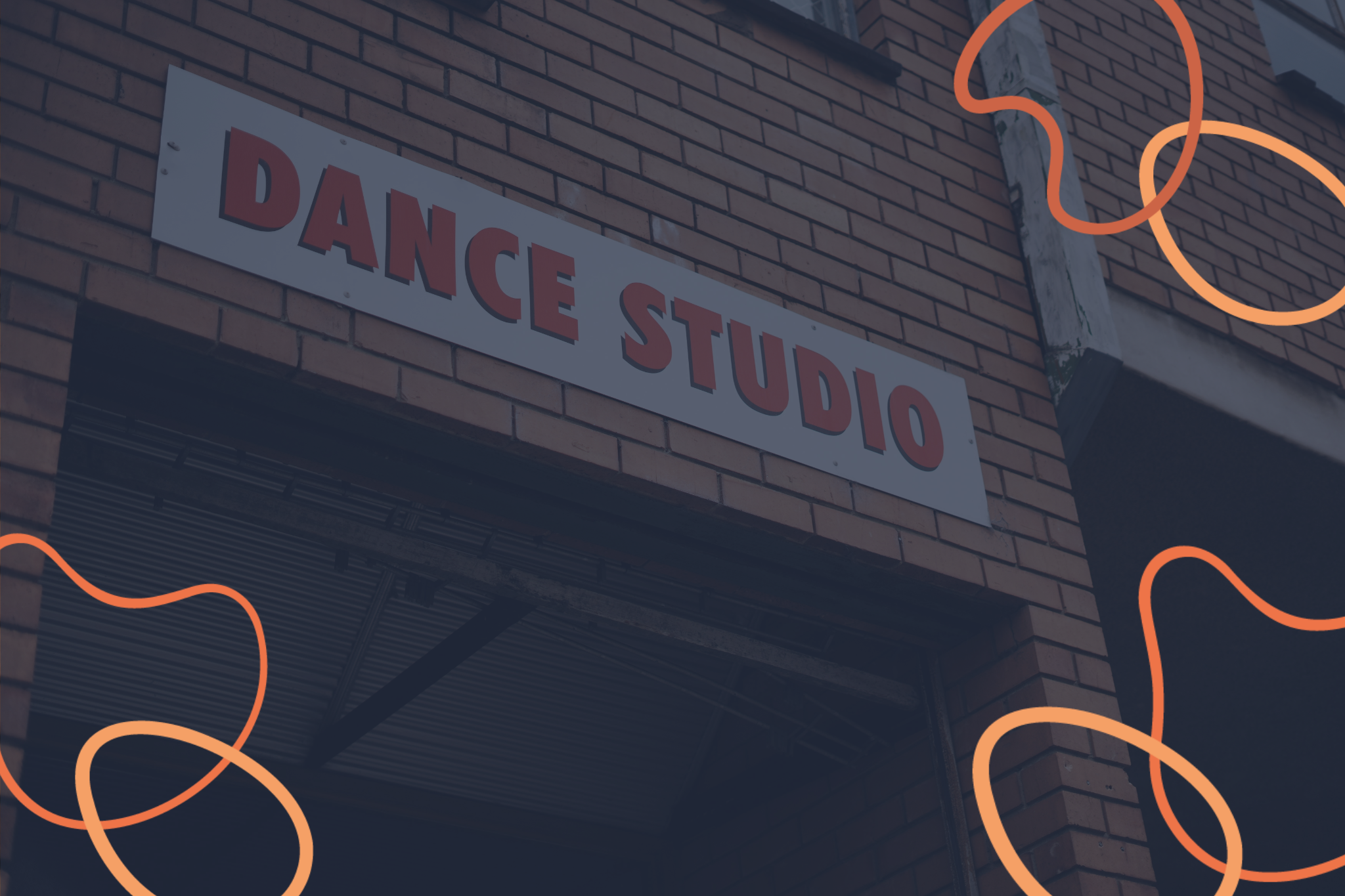 Image of a dance studio with the colorful stripes of the EBA logo overlaid on a dark blue background